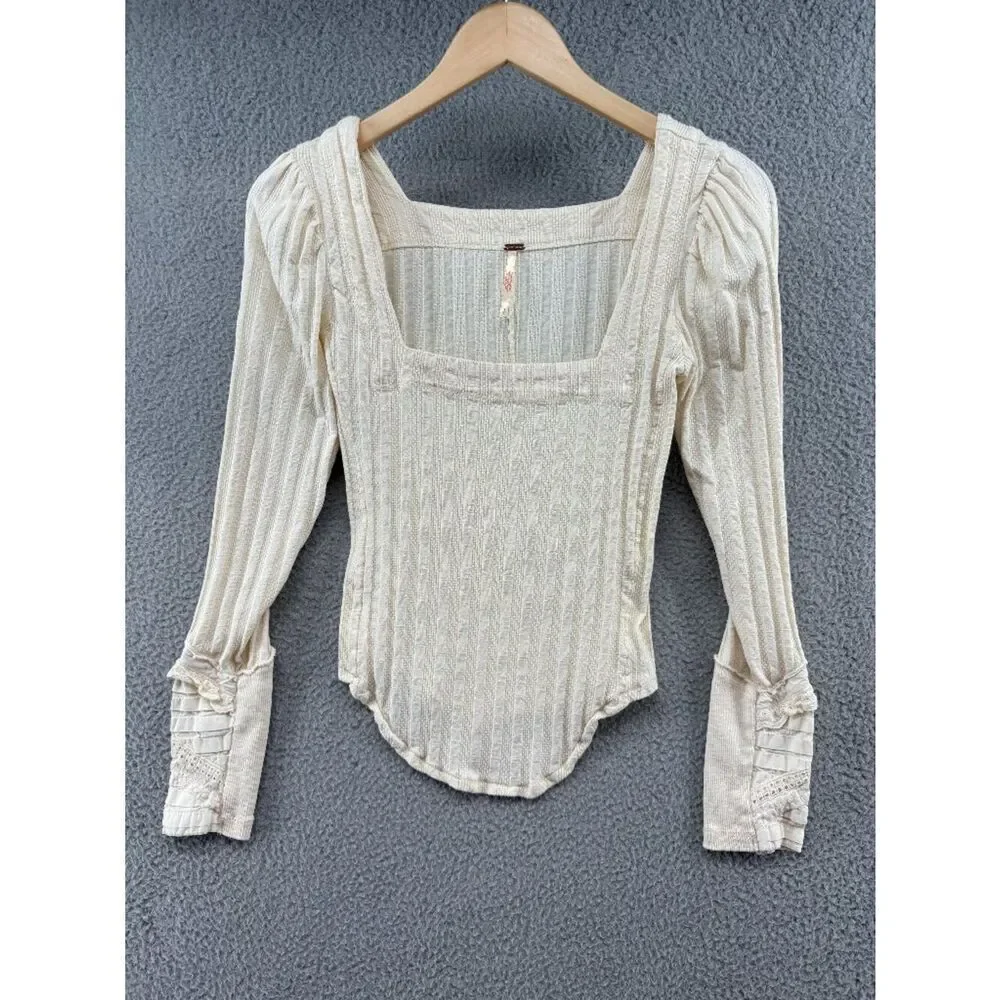 Free People Could I Love You More Ivory Ribbed Lace Cuff Top Small